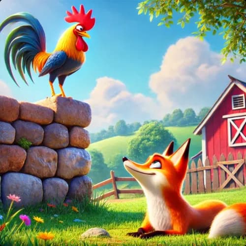 Colorful illustration of The Rooster and the Fox fable - Caution and Deception