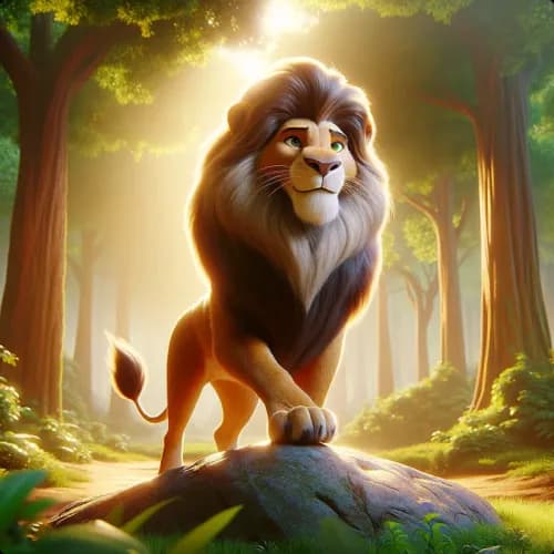 Colorful illustration of The Lion Going to War fable - Teamwork and Equality